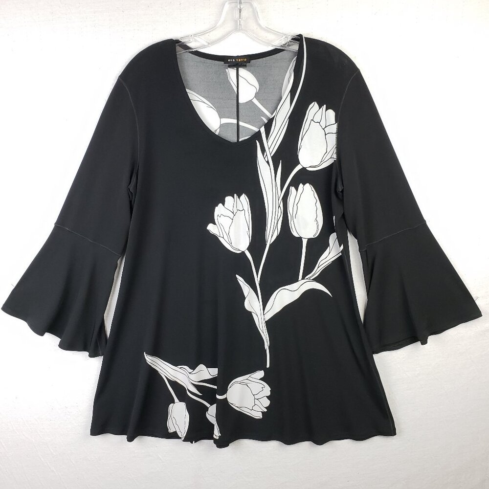 Eva Varro Tunic Top Black Floral Tulip Print Lagenlook Slinky Art-to-Wear size L
